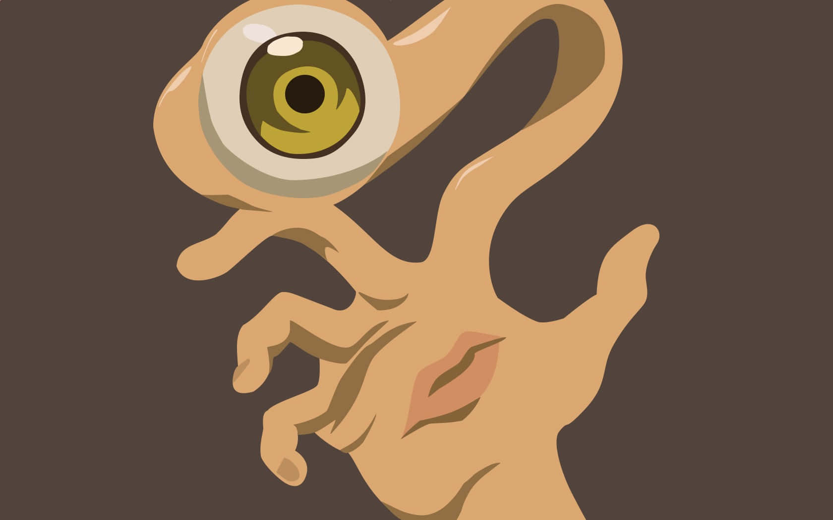 Cartoon Horror 桌布 壁紙 — 一隻風格化的手，拇指是一個大綠色的眼睛，手掌上有一個小嘴巴，背景為棕色。