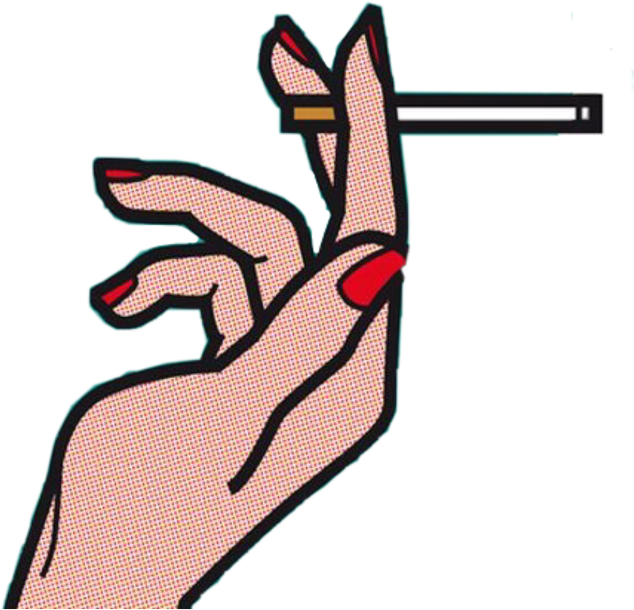 cigar 桌布 壁紙 — 一隻風格化的手，紅色指甲，在鮮明的黑色背景上以大膽的普普藝術風格拿著一支香煙。