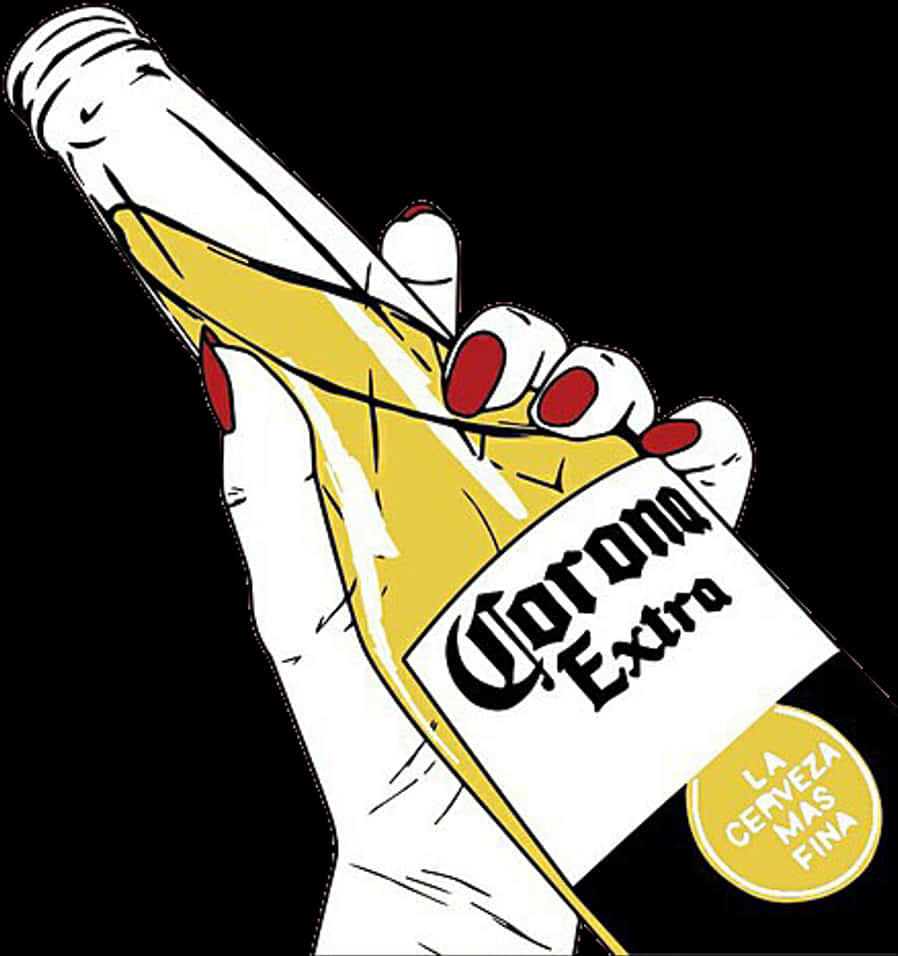 Corona Beer 桌布 壁紙 — 一隻風格化的手，紅色指甲，緊握著一瓶黃色的Corona Extra啤酒，背景是純黑色。