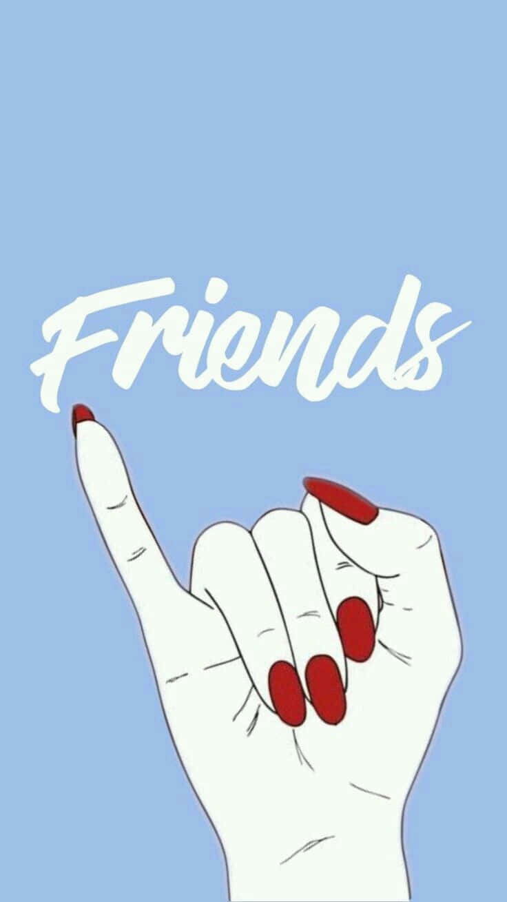 Friends 桌布 壁紙 — 一隻風格化的手，紅色指甲向上指向在柔和藍色背景上以白色草書寫成的「Friends」一詞。