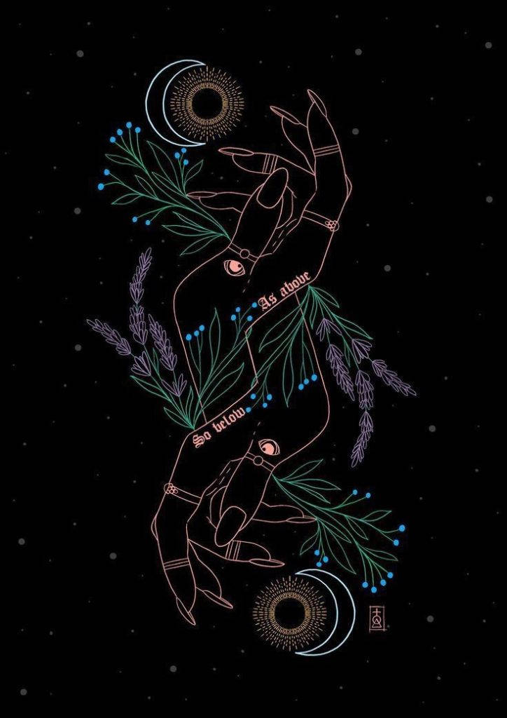 witchcraft 桌布 壁紙 — 一隻風格化的手伸向新月，周圍是發光的薰衣草和天體符號，背景是繁星點點的夜空。