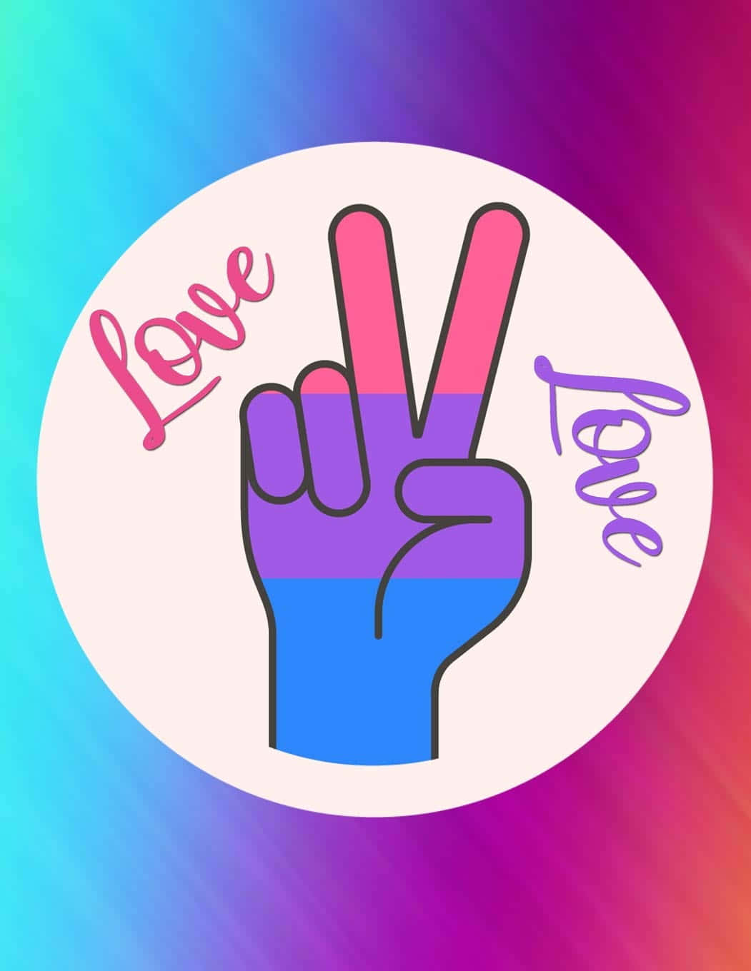 Bi Flag 桌布 壁紙 — 一隻風格化的手做出和平手勢，帶有雙性戀驕傲色彩，置於充滿活力的漸變背景上，並有草書寫成的love字樣。