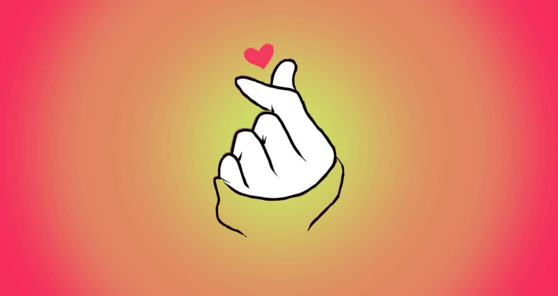 Finger Heart 桌布 壁紙 — 一隻風格化的手做出心形手勢，上方漂浮著一個粉紅色的小心形，背景是溫暖的漸變色。