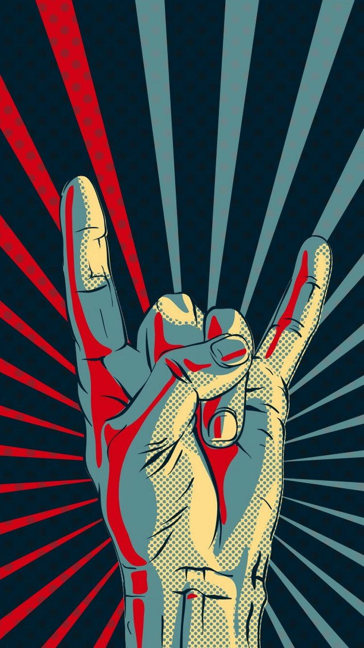 Rock 桌布 壁紙 — 一隻風格化的手做出搖滾手勢，背景為大膽的紅色和藍色放射線條，帶有半色調點。