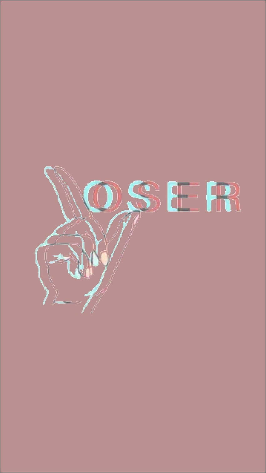 Aesthetic Funny Phone 桌布 壁紙 — 一隻風格化的手做出粗魯手勢，旁邊有 'OSER' 字樣的故障效果，背景為柔和的粉紅色。
