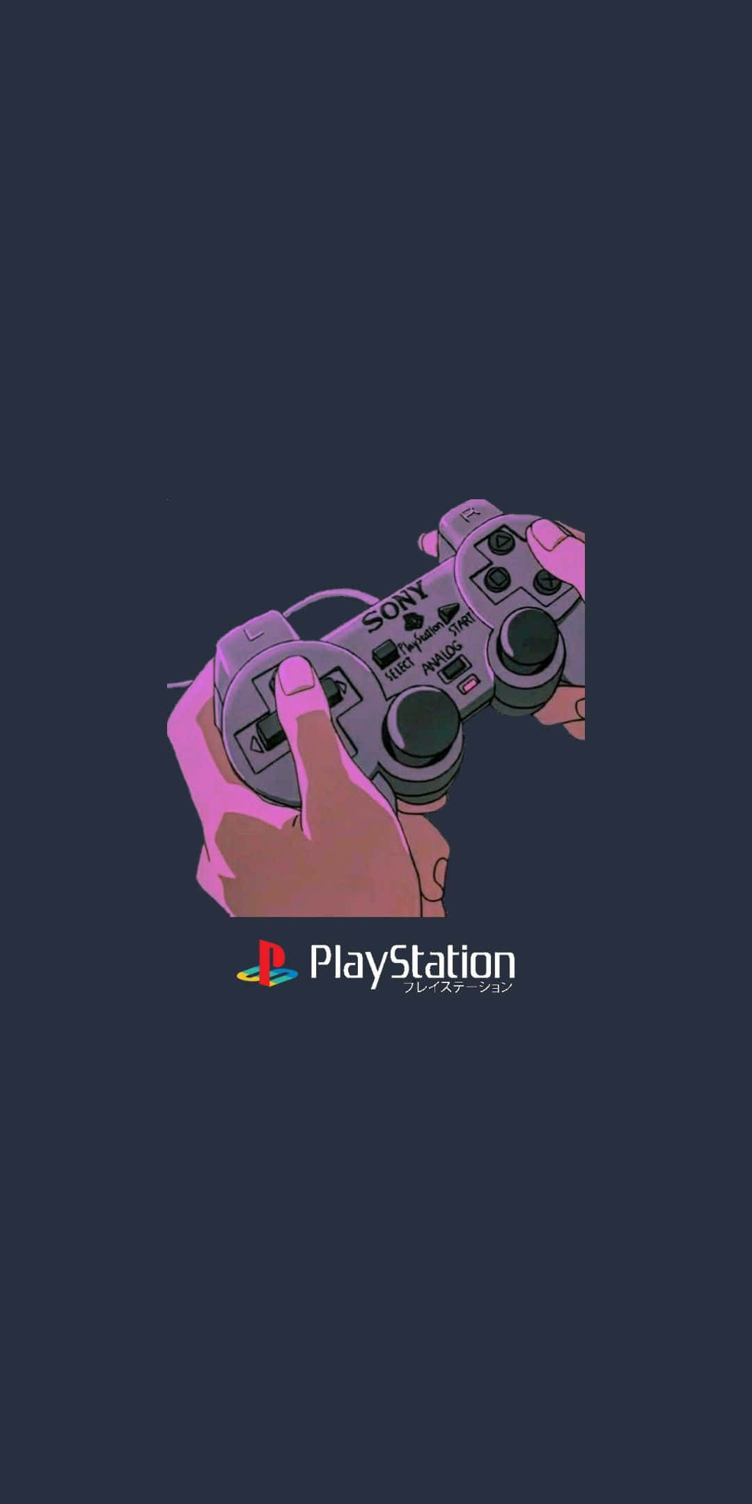 PlayStation 桌布 壁紙 — 一隻風格化的手在深藍色背景上握著粉紅色的PlayStation控制器，下方有PlayStation標誌。