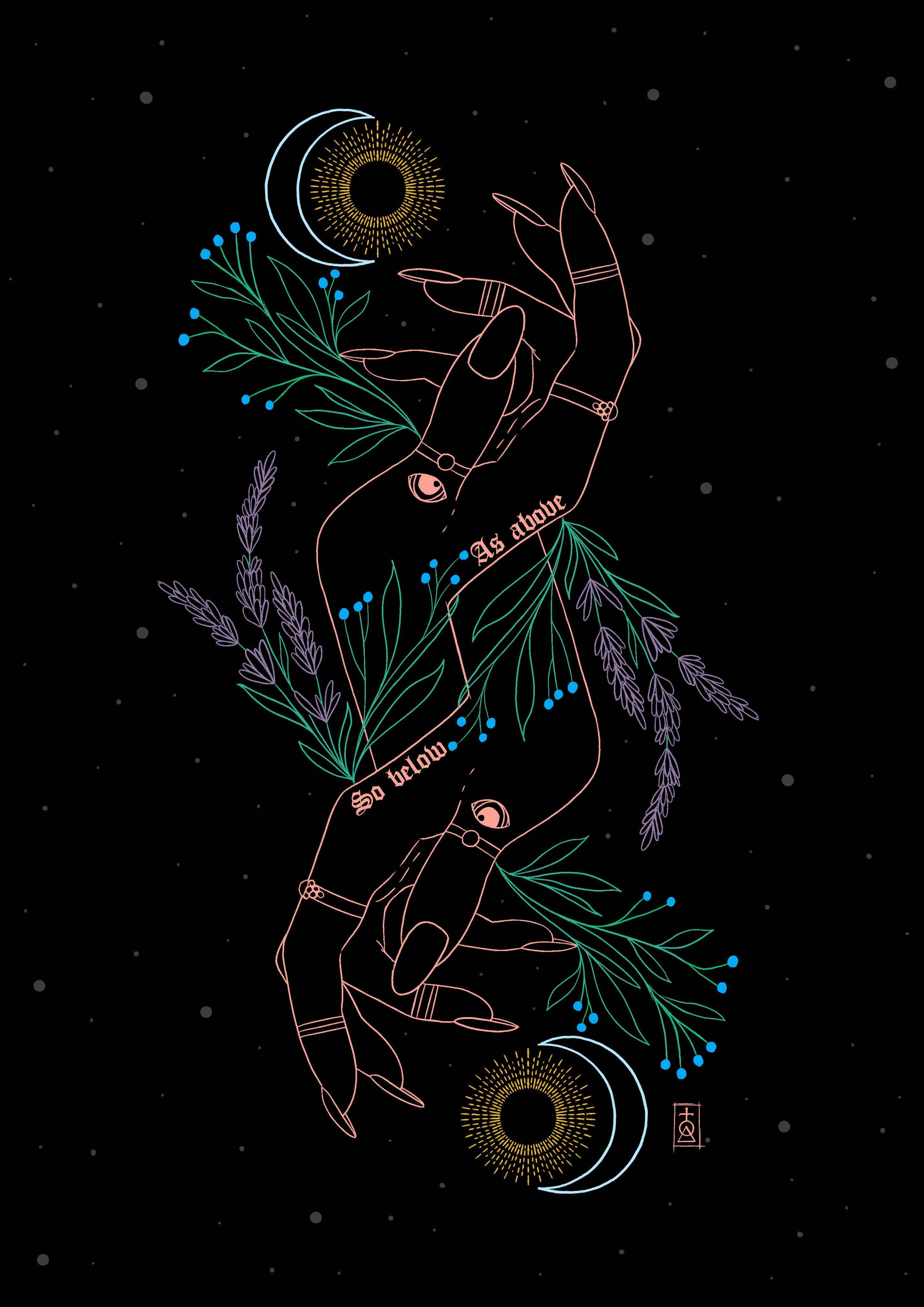 手機 桌布 壁紙 — 一隻風格化的手在繁星點點的夜空下，握著天體符號和薰衣草，並帶有發光文字。