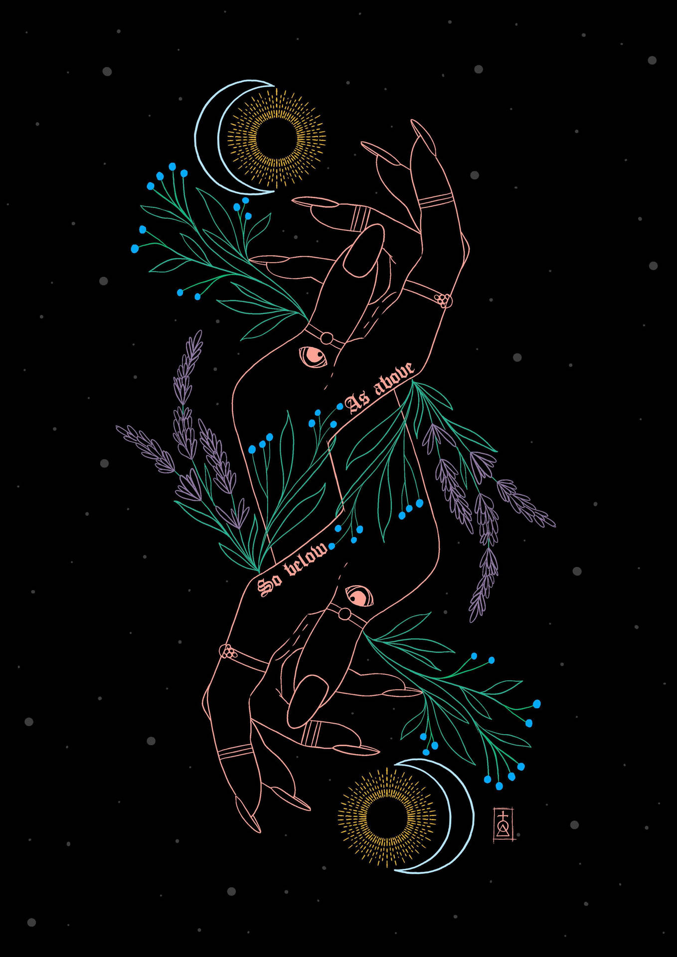 一隻發光的手在繁星點點的夜空下，手持月亮符號和薰衣草。 — 女巫美學動圖 壁紙