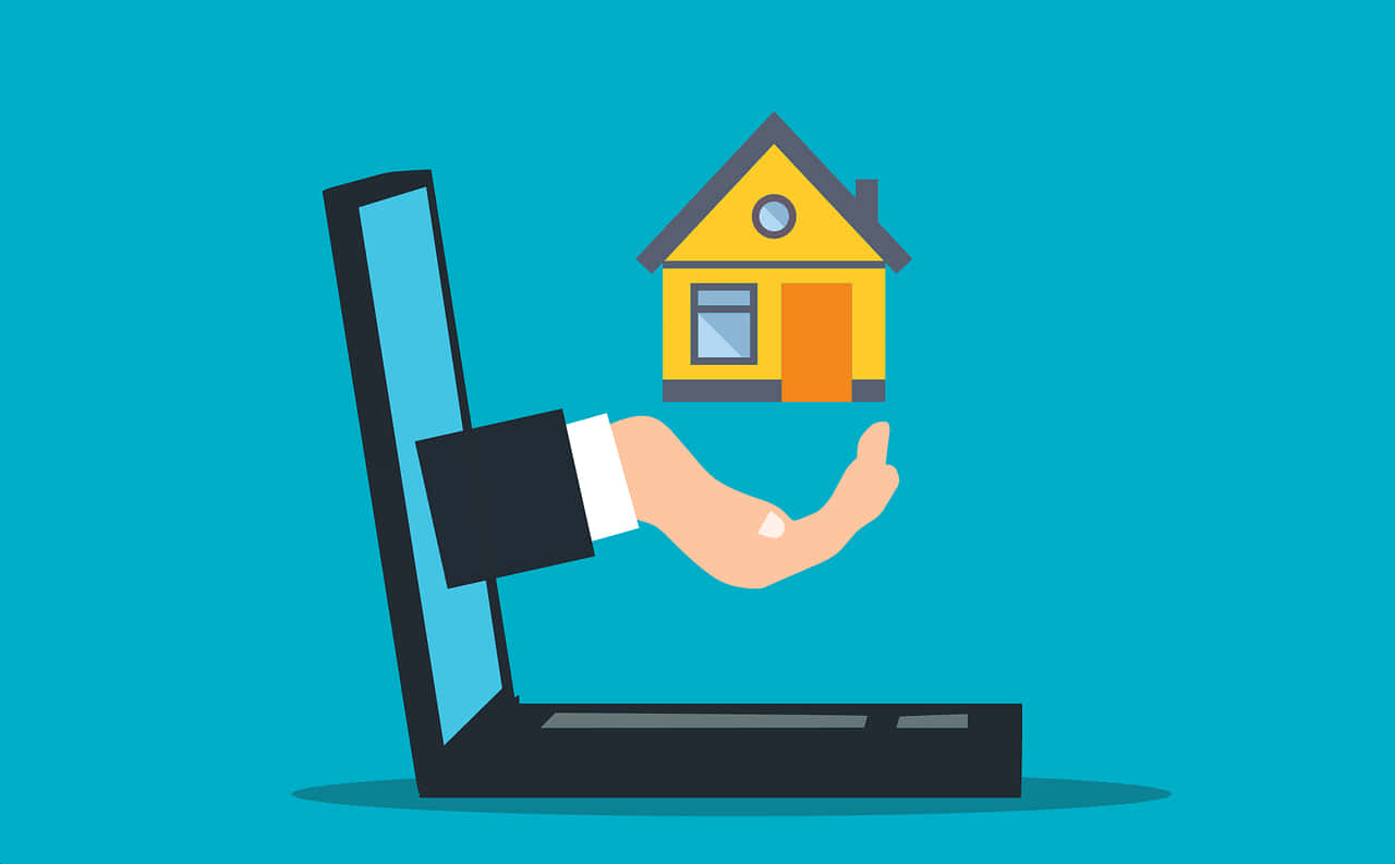 Real Estate Agent 桌布 壁紙 — 一隻風格化的手從筆記型電腦螢幕中伸出，在青綠色背景上拿著一個黃色房子圖標。