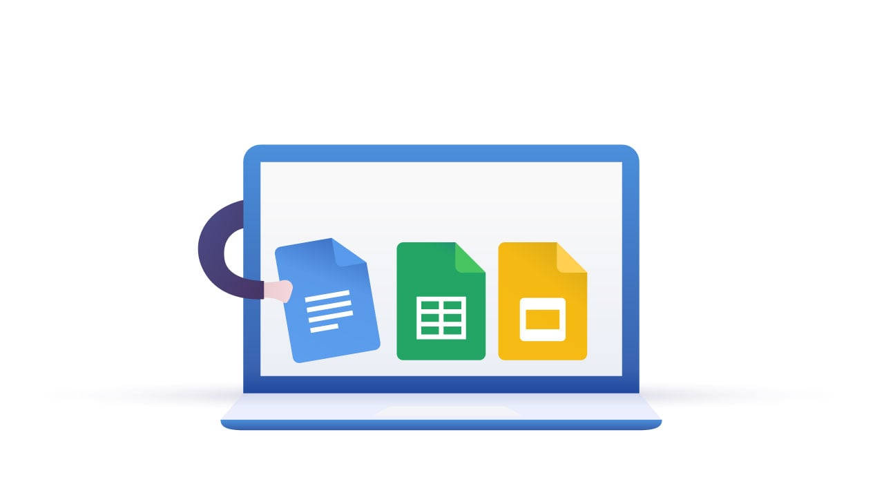 Google Docs 桌布 壁紙 — 一隻風格化的手從藍色筆記型電腦螢幕中拉出 Google Docs Sheets 和 Slides 圖標，背景為純白色。