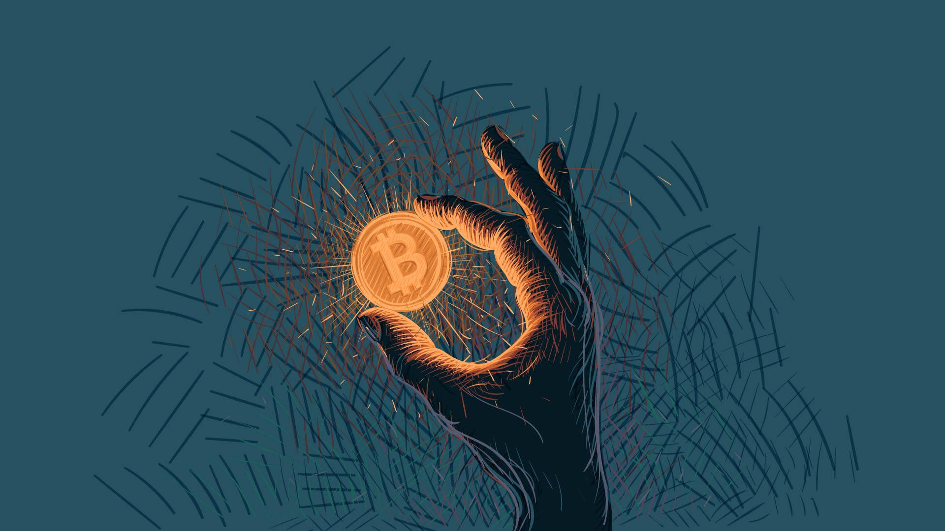 Cryptocurrency 桌布 壁紙 — 一隻風格化的手拿著一枚發光的比特幣，周圍環繞著放射線，背景為青綠色。