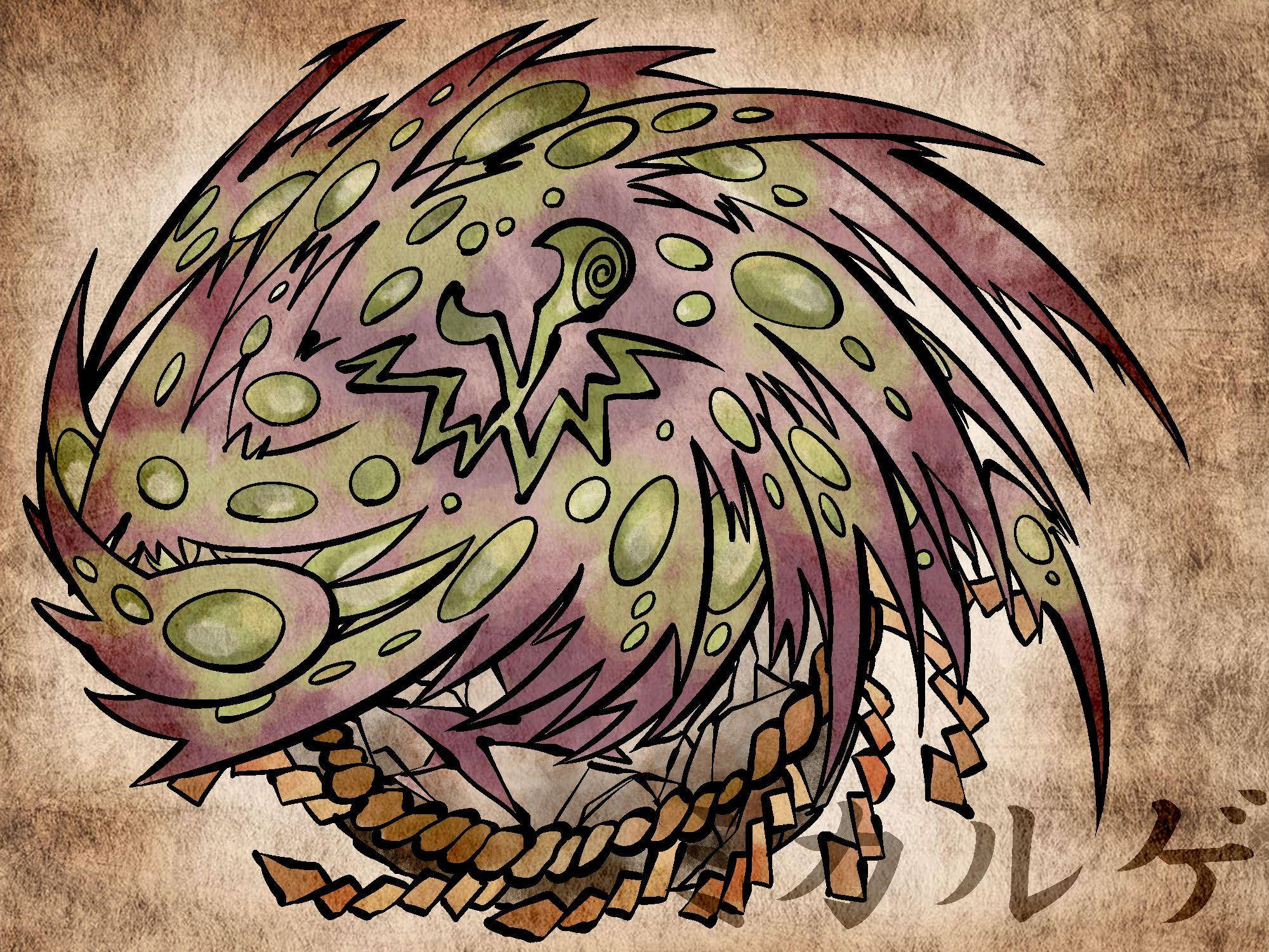 藝術 桌布 壁紙 — 一隻風格化的插圖龍，帶有綠色和紫色的鱗片和尖刺褶邊，盤繞在紋理羊皮紙上。