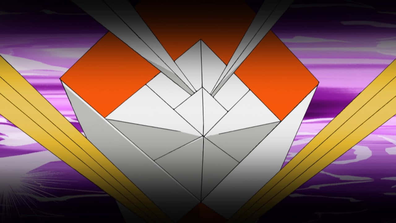 寶可夢 桌布 壁紙 — 一隻風格化的摺紙鶴，帶有橙色和白色面板，在充滿活力的紫色和橙色日落天空下閃耀。