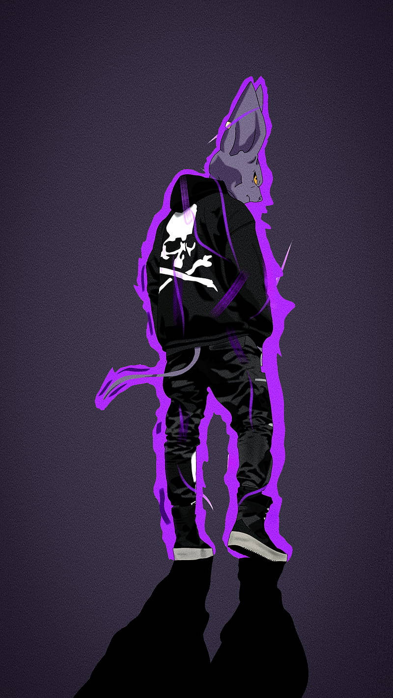 Drip 桌布 壁紙 — 一隻風格化的擬人化狐狸，帶有發光的紫色輪廓，穿著骷髏外套，背景為深紫色。