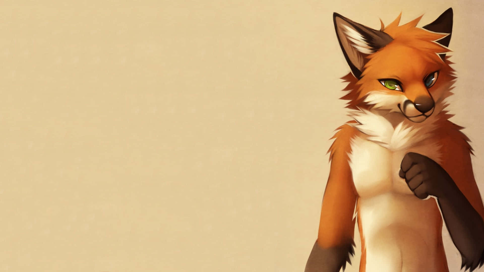 Cool Anime Fox 桌布 壁紙 — 一隻風格化的擬人化狐狸，有綠色眼睛和橙色毛髮，自信地站在純米色背景前。