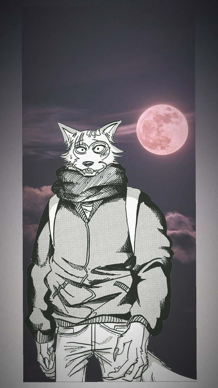 獸星 桌布 壁紙 — 一隻風格化的擬人化狼穿著連帽衫，站在黑暗多雲的天空下，發光的粉紅色月亮。