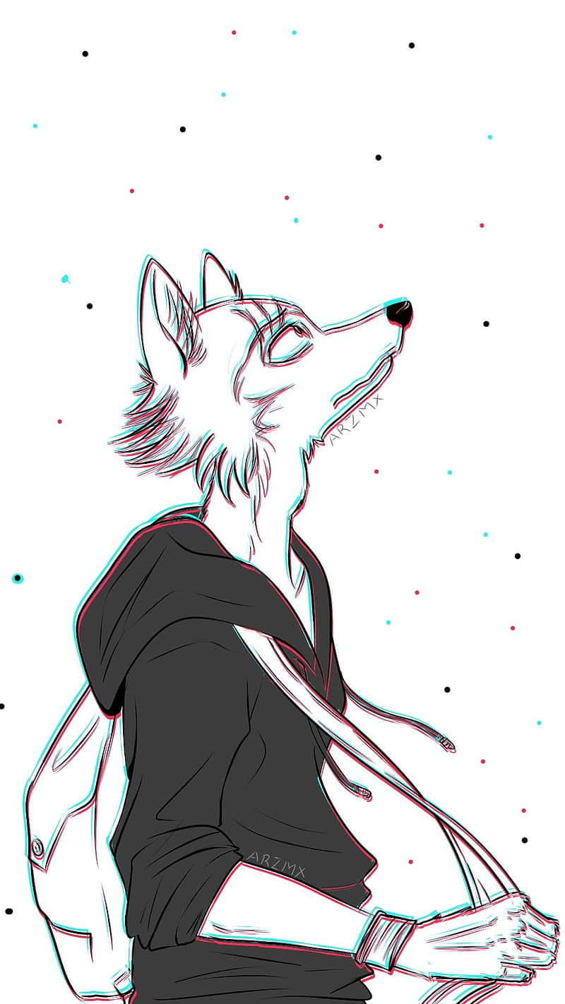 桌布 壁紙 — 一隻風格化的擬人化狼穿著連帽衫，仰望星空，帶有彩色故障輪廓。