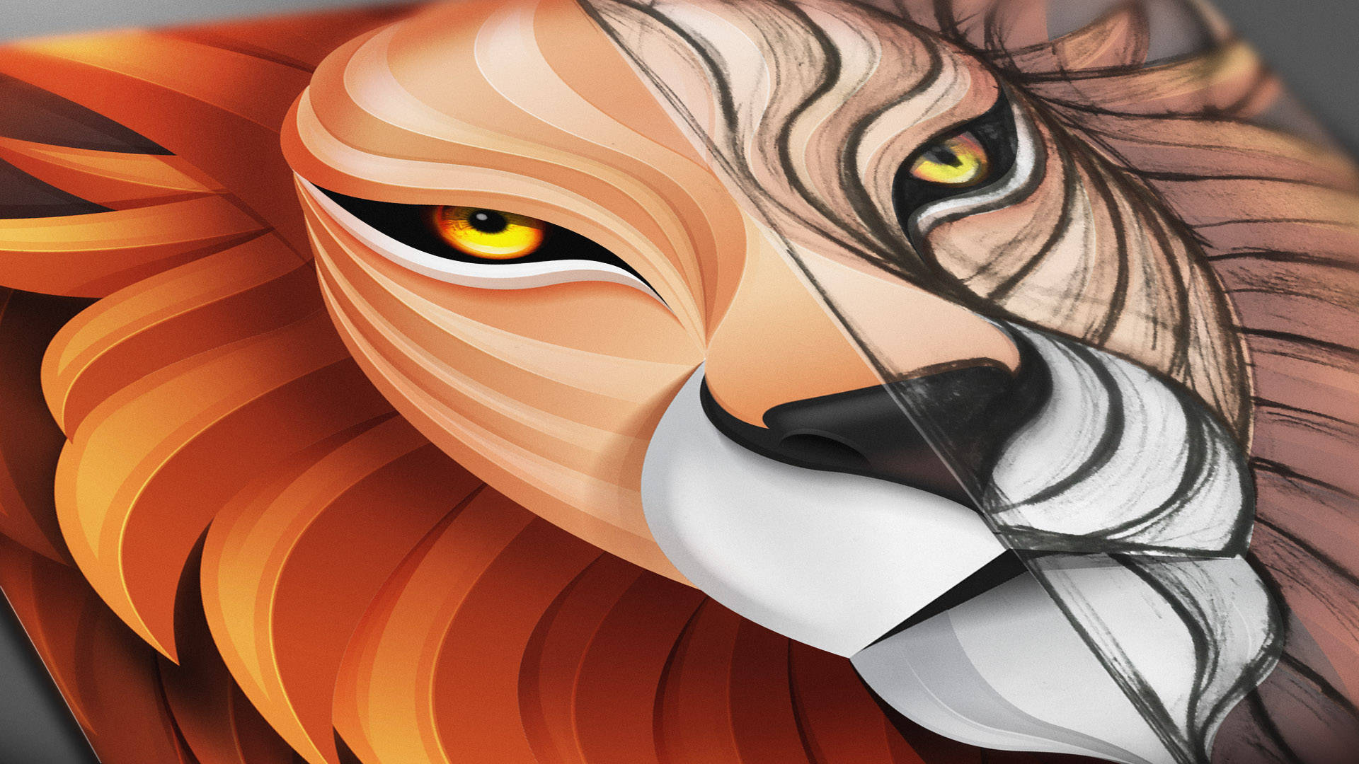 Lion Head 桌布 壁紙 — 一隻風格化的數位藝術獅子，擁有充滿活力的橙色鬃毛和強烈的黃色眼睛，被一條尖銳的對角線分割。