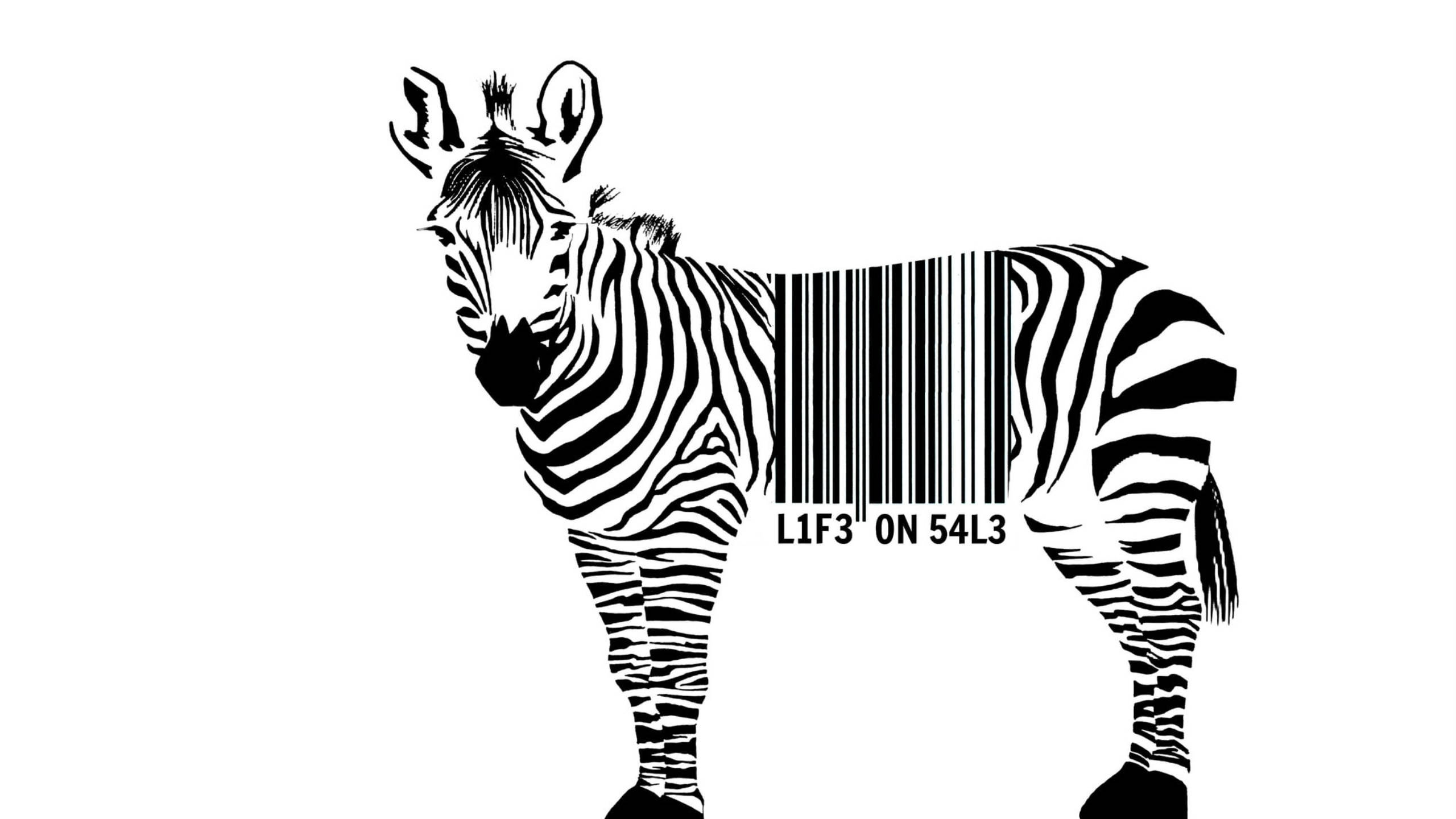 Zebra 桌布 壁紙 — 一隻風格化的斑馬，其軀幹被條碼和字母數字代碼取代，背景為純白色。