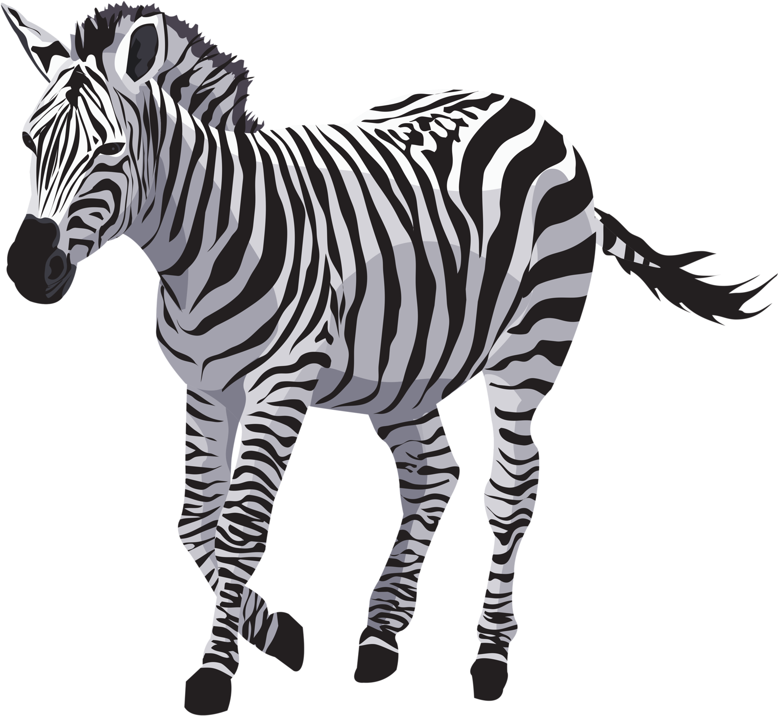 Zebra 桌布 壁紙 — 一隻風格化的斑馬，帶有醒目的黑白條紋，側面站立在純黑色背景前。