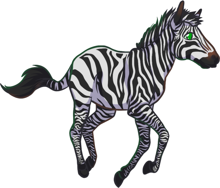 Zebra 桌布 壁紙 — 一隻風格化的斑馬，有著發光的綠色眼睛和黑色鬃毛尾巴，在純白色背景上奔馳。