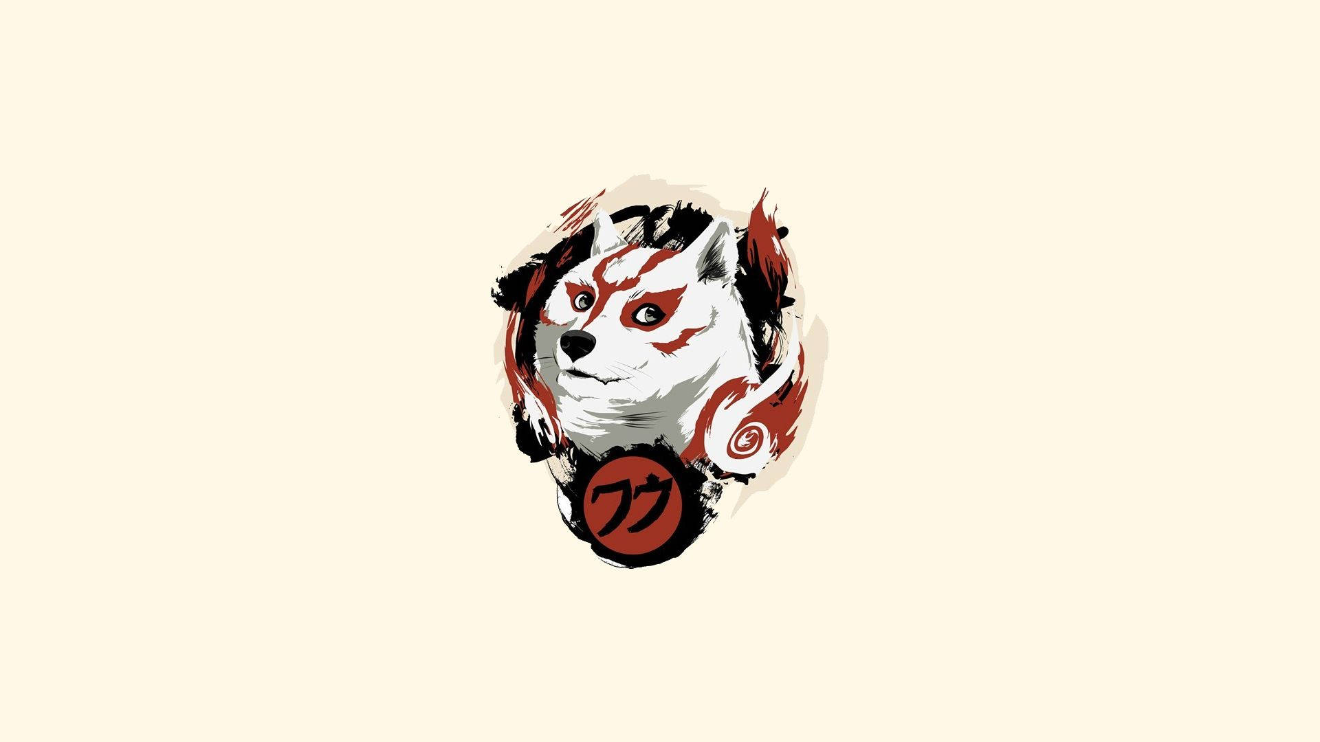 Doge 桌布 壁紙 — 一隻風格化的日本狐狸，帶有紅色和黑色標記，下方有一個漢字符號，背景為奶油色。