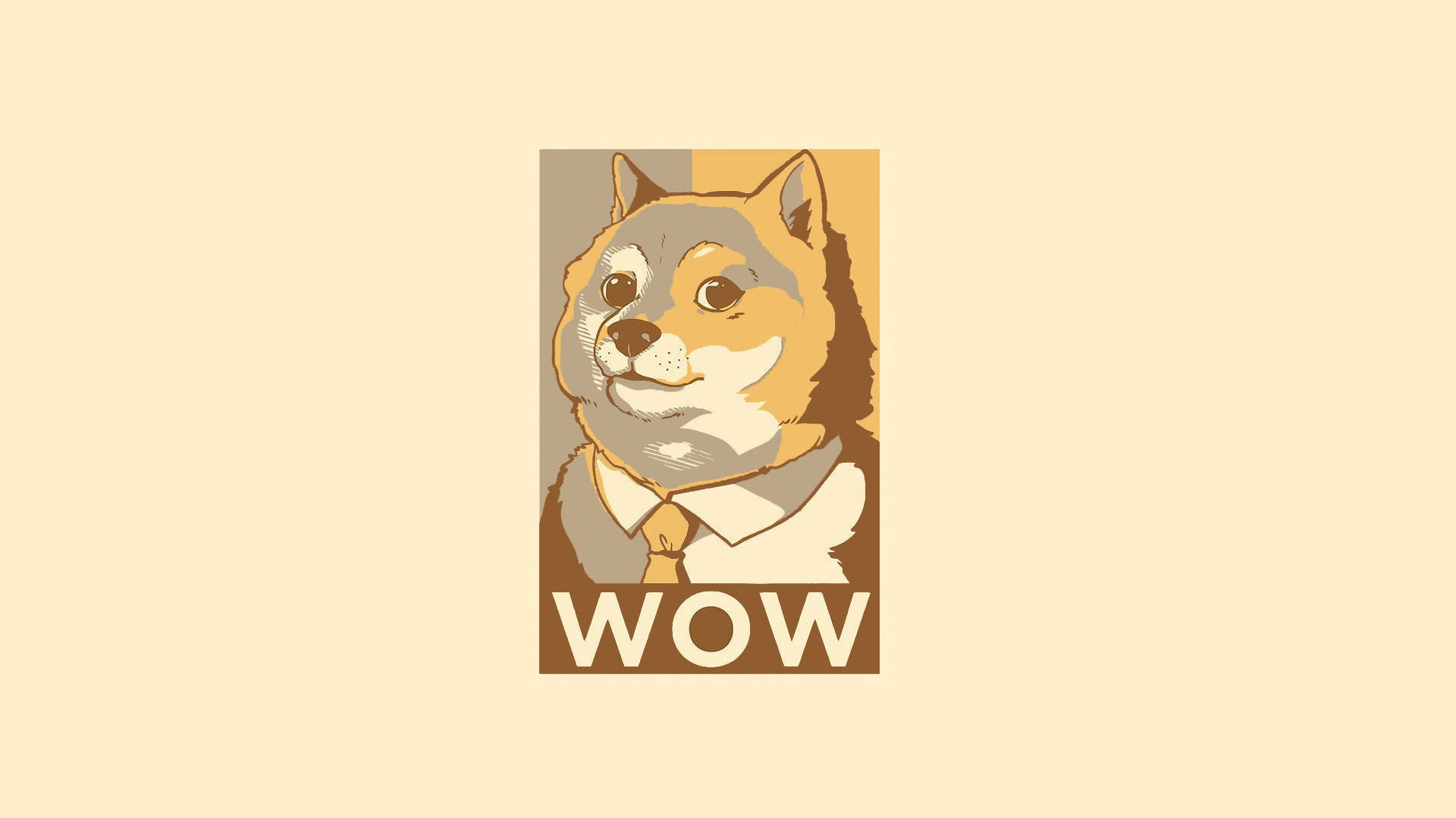 Doge 桌布 壁紙 — 一隻風格化的柴犬穿著有領襯衫和領帶，下方有WOW字樣。