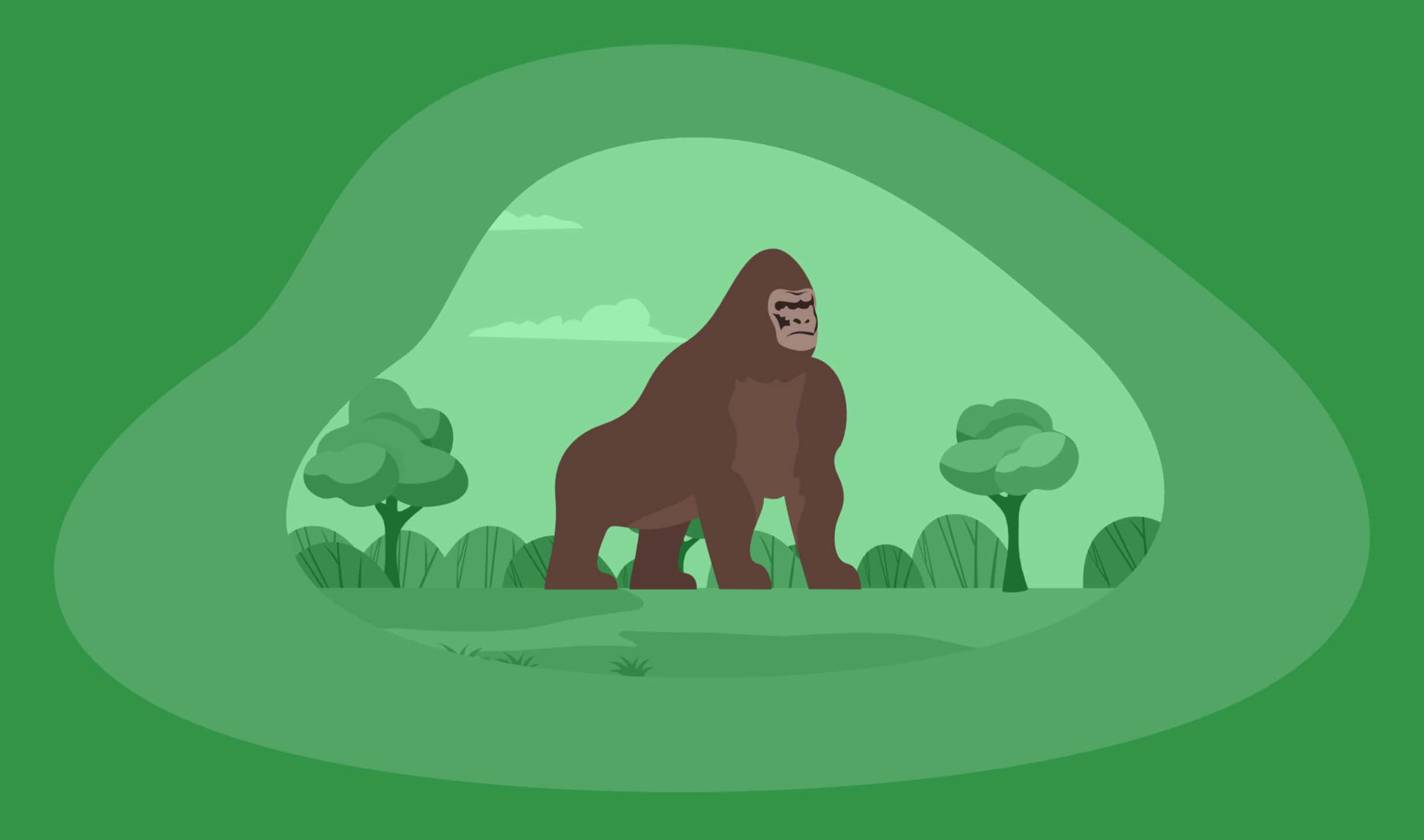 2440x1440 Gorilla 桌布 壁紙 — 一隻風格化的棕色大猩猩莊嚴地站在一個綠色森林空地中，周圍環繞著柔和的綠色橢圓形邊框。