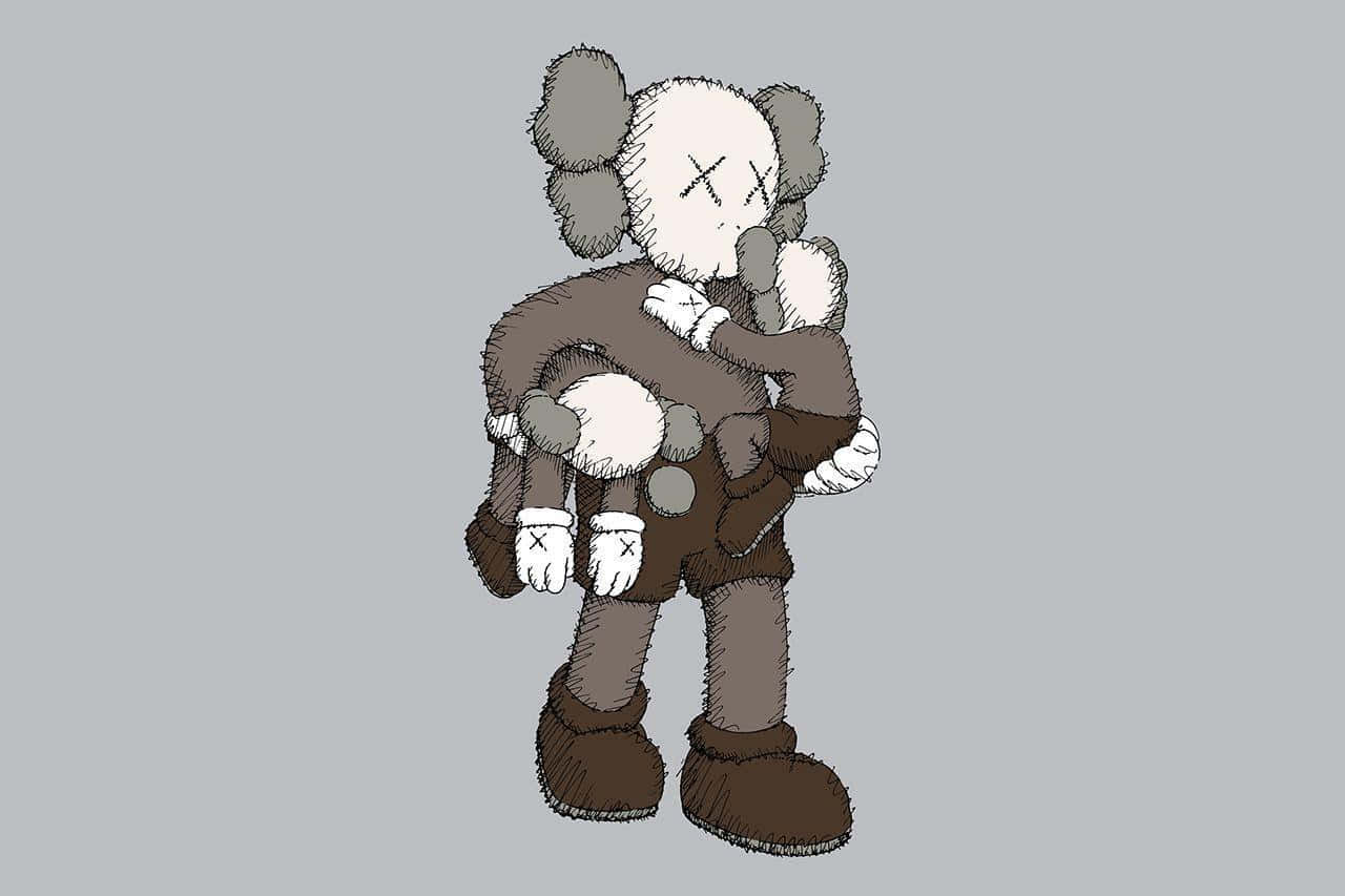 kaws pc 桌布 壁紙 — 一隻風格化的棕色泰迪熊，有著X形眼睛和蓬鬆的耳朵，在純灰色背景上擁抱一隻較小的熊。