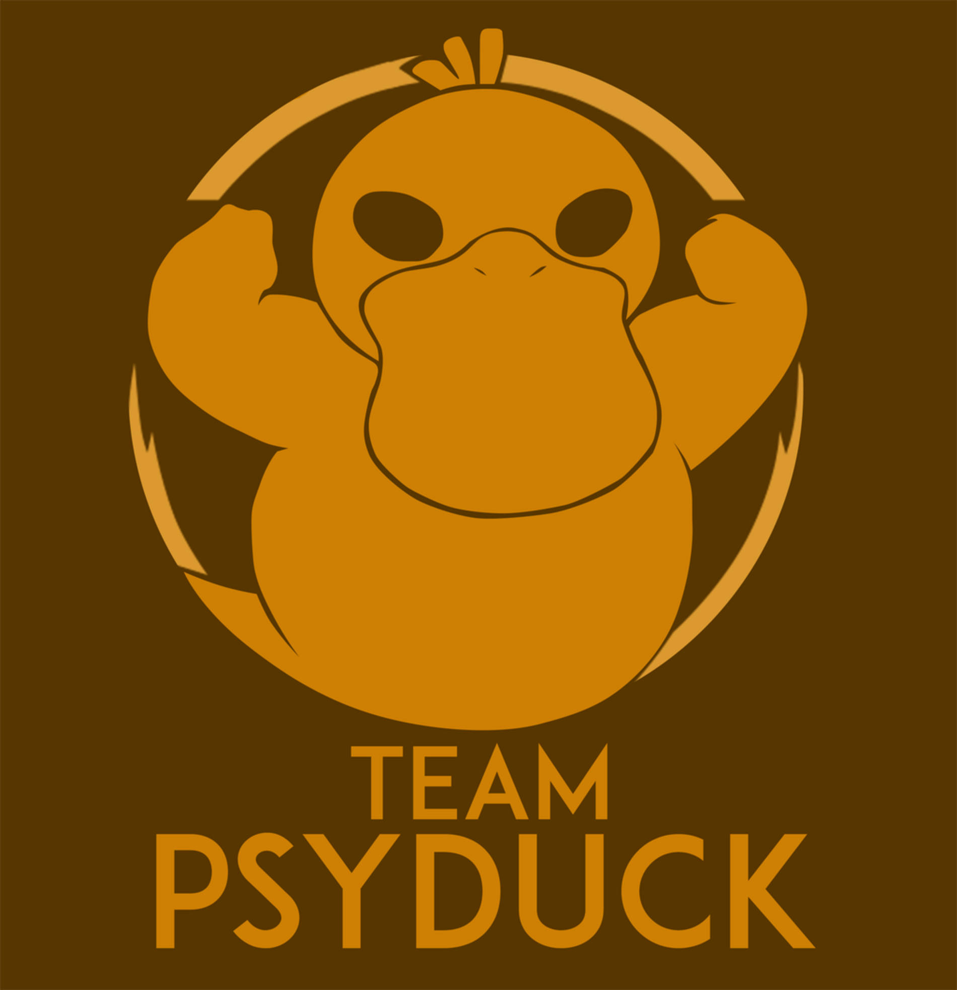 傻鴨 桌布 壁紙 — 一隻風格化的橙色 Psyduck 在圓形標誌內展示肌肉，背景為棕色，下方有「TEAM PSYDUCK」文字。