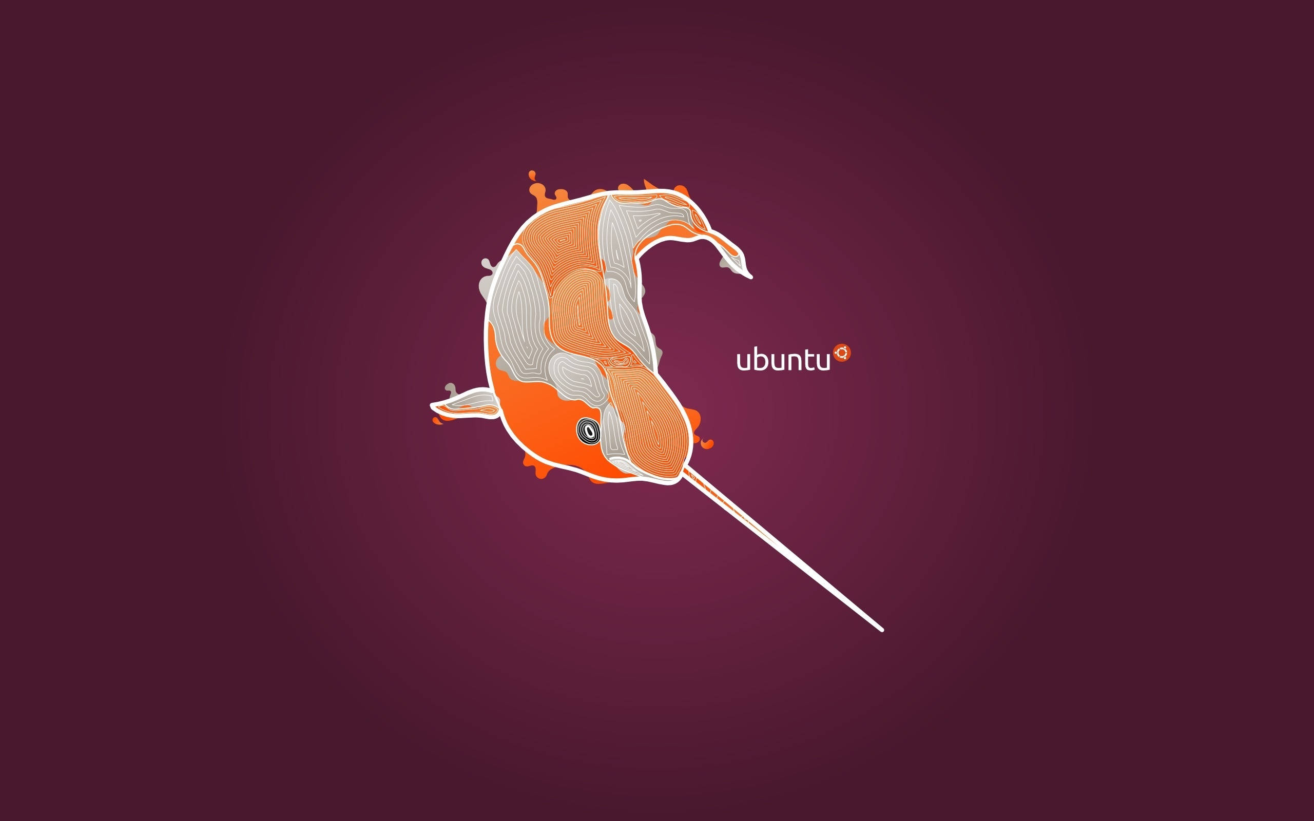 ubuntu 桌布 壁紙 — 一隻風格化的橙色和白色獨角鯨，長有長牙，在深栗色漸變背景中游動。