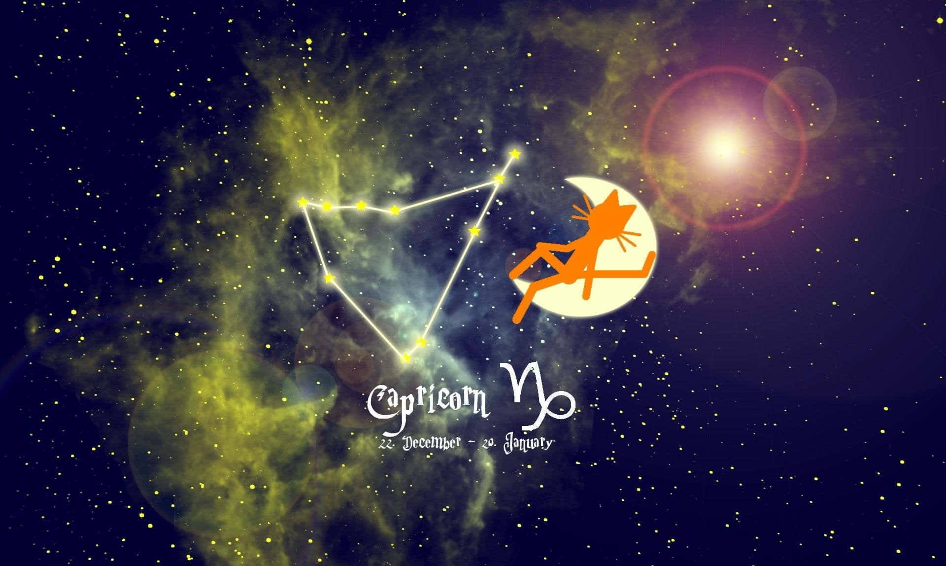 摩羯座 桌布 壁紙 — 一隻風格化的橙色山羊剪影坐在新月上，旁邊是摩羯座星座，在繁星點點的星雲中閃耀。