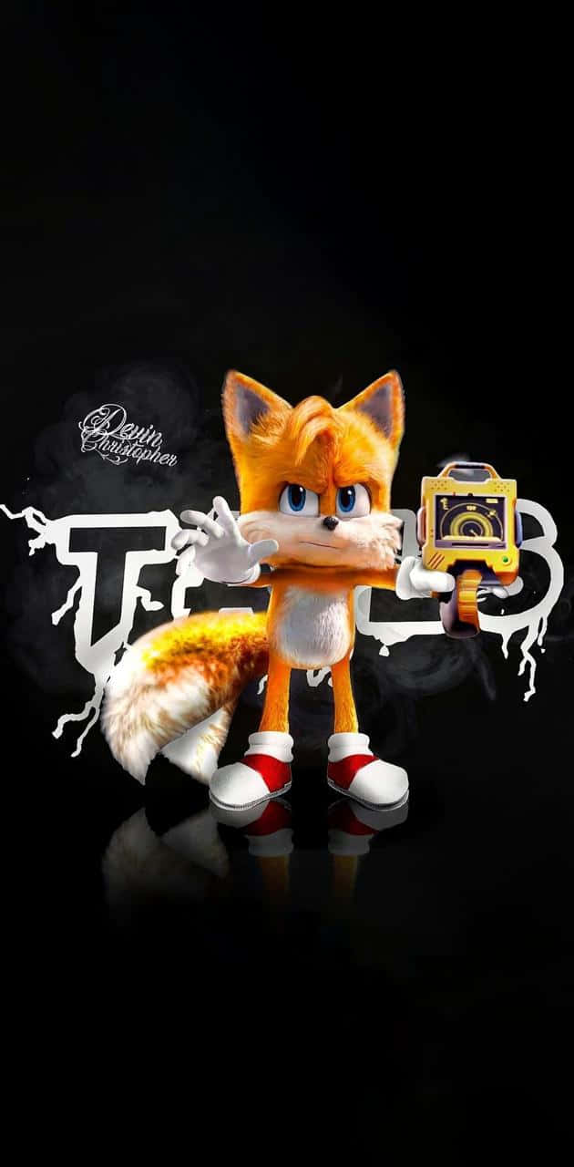 Tails 桌布 壁紙 — 一隻風格化的橙色狐狸角色，藍色眼睛，在黑暗背景上帶有發光白色塗鴉，手持黃色裝置。