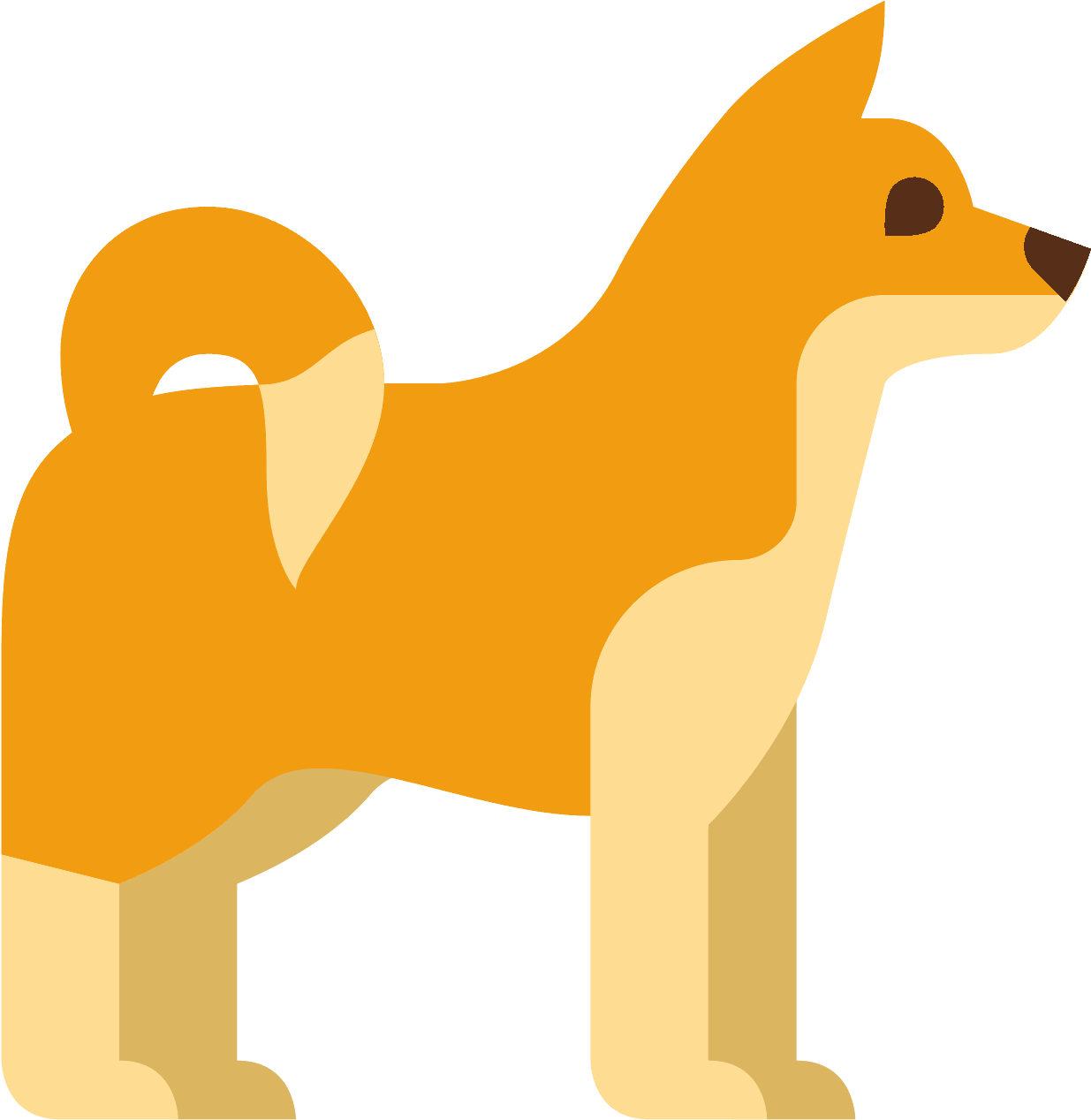 Dogs 桌布 壁紙 — 一隻風格化的橙色狗，尾巴捲曲，側面站立在黑色背景前。