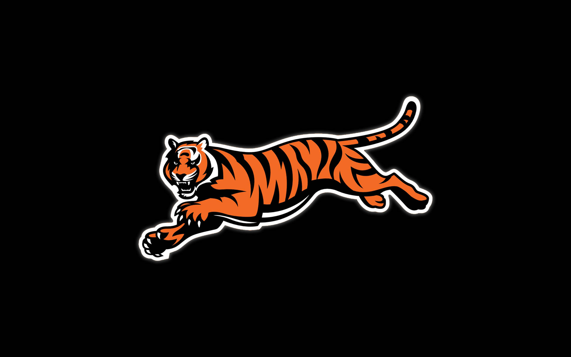 Bengals 桌布 壁紙 — 一隻風格化的橙色老虎帶有黑色條紋，在純黑色背景上動態跳躍。