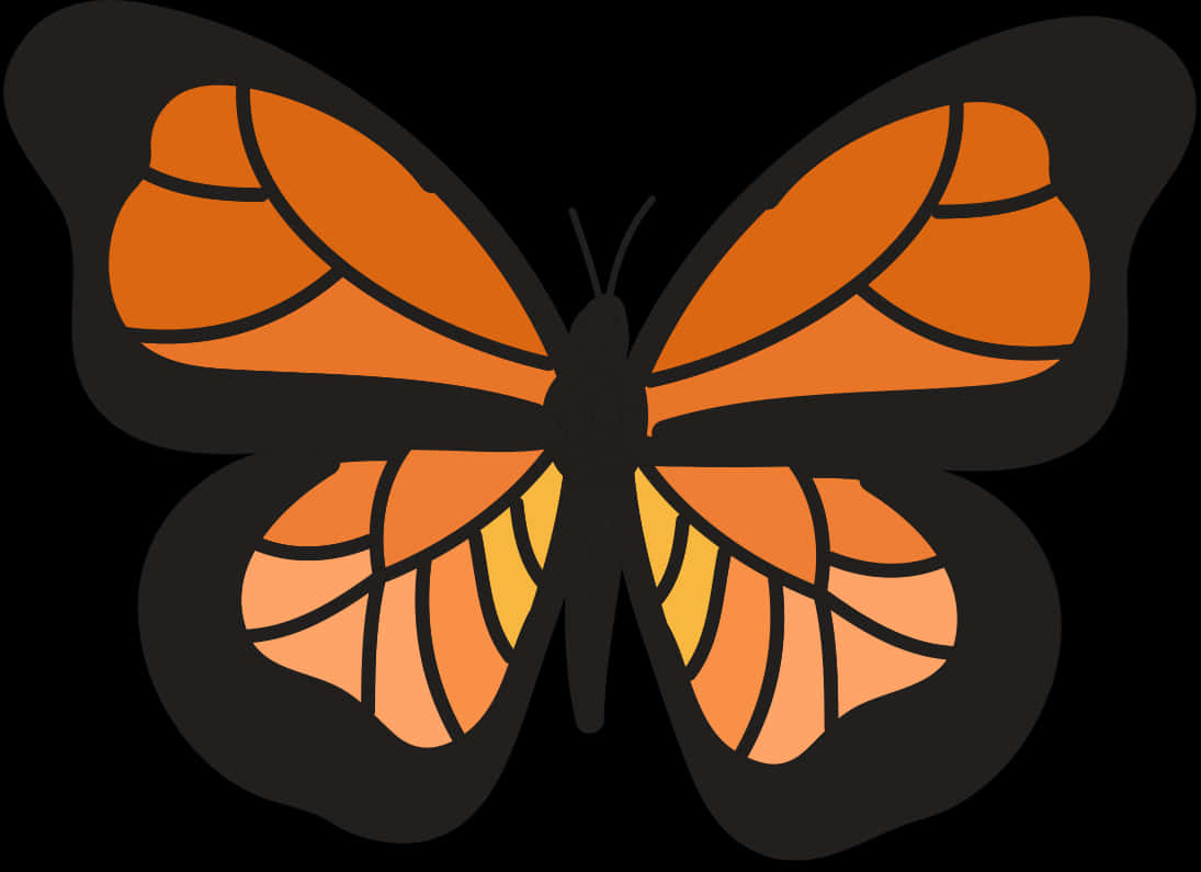 Monarch Butterfly 桌布 壁紙 — 一隻風格化的橙色蝴蝶，帶有黑色輪廓和黃色點綴，置於純黑色背景上。