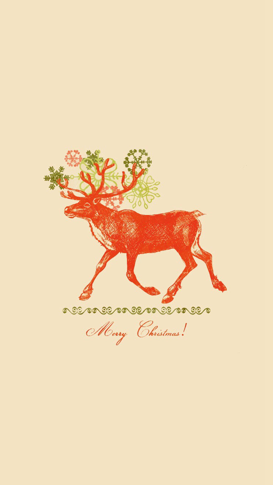 Christmas iPhone 桌布 壁紙 — 一隻風格化的橙色馴鹿，帶有雪花形狀的鹿角，在奶油色背景上邁步，下方有節日的「聖誕快樂！」祝福語。
