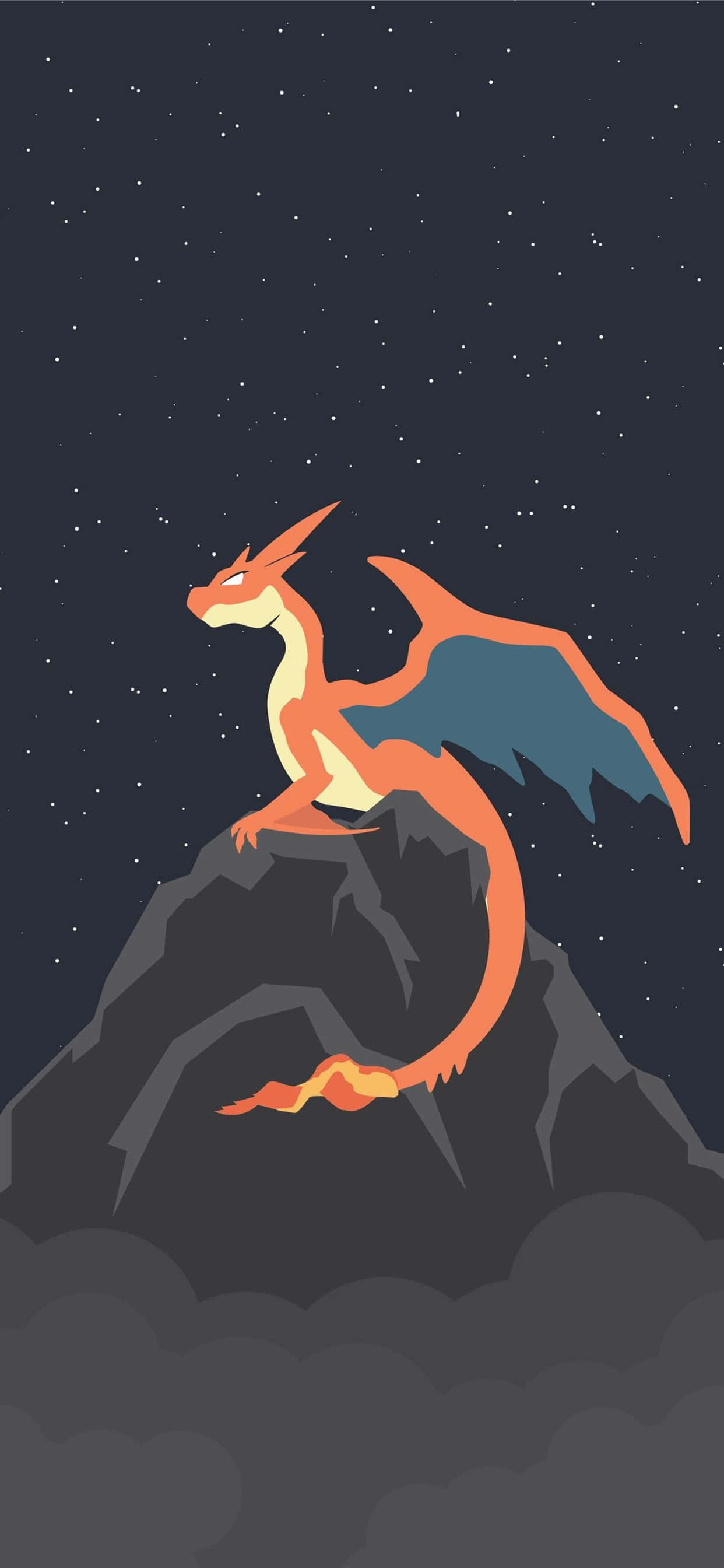 Cute Charmander 桌布 壁紙 — 一隻風格化的橙色龍，藍色翅膀，棲息在黑暗的山頂上，星空下。