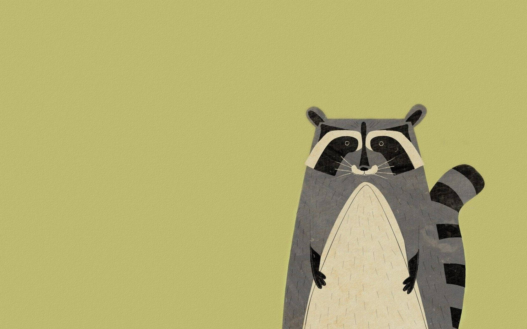 Animated 桌布 壁紙 — 一隻風格化的浣熊，帶有黑色面具和條紋尾巴，直立於純橄欖綠色背景前。