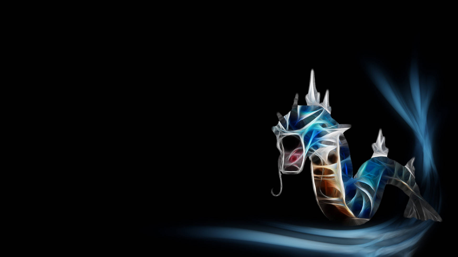 Gyarados 桌布 壁紙 — 一隻風格化的海馬，帶有發光的藍色和銀色玻璃狀鱗片，在黑色背景上優雅地游動，伴隨著流動的藍色光跡。