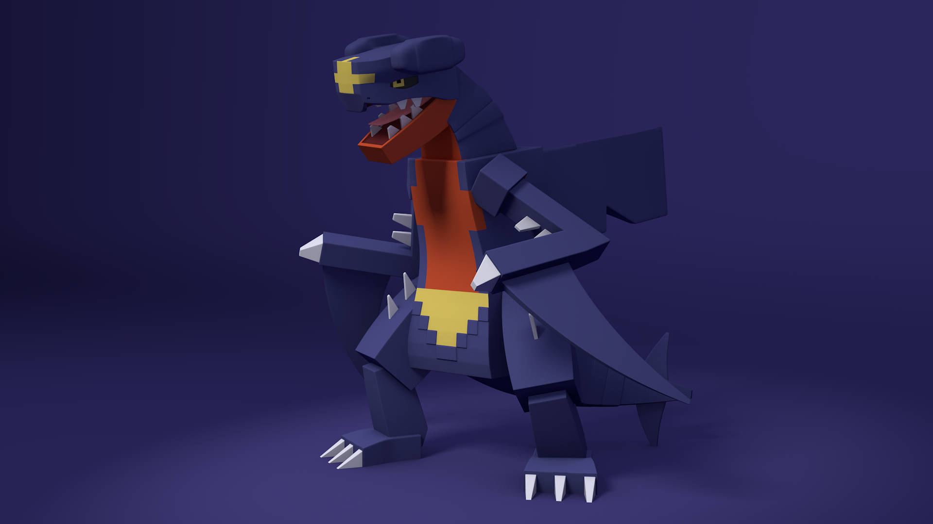 Garchomp 桌布 壁紙 — 一隻風格化的深藍色龍，帶有橙色胸部和黃色點綴，在深紫色背景前擺出姿勢。