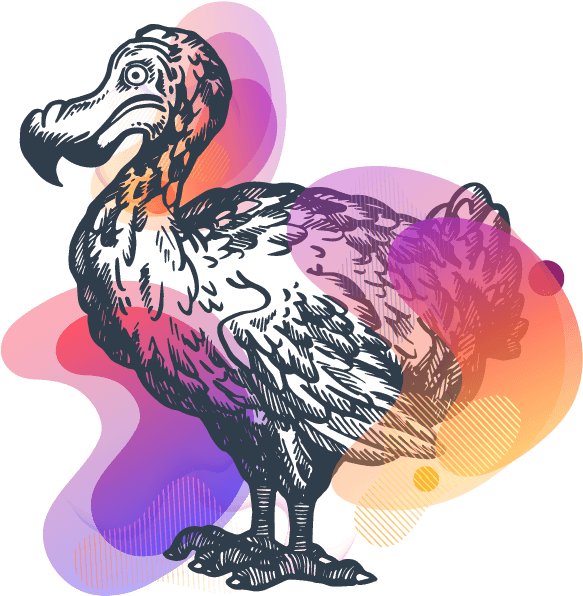 Illustration Art 桌布 壁紙 — 一隻風格化的渡渡鳥插圖，帶有粗黑線條，背後是充滿活力的紫橙色漸變抽象形狀。