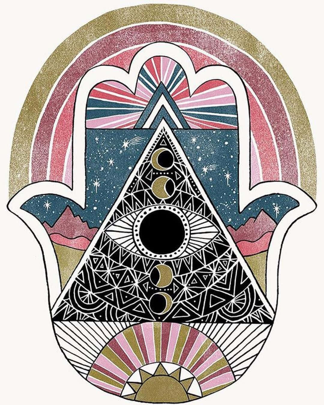 Hamsa 桌布 壁紙 — 一隻風格化的漢莎手，充滿宇宙符號和幾何圖案，在彩虹拱門下。