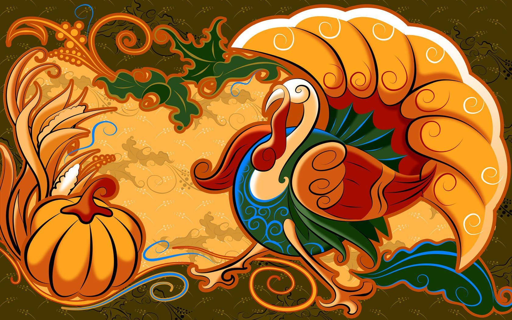 Turkey Happy Thanksgiving 桌布 壁紙 — 一隻風格化的火雞，帶有華麗的羽毛和南瓜漩渦，以溫暖的秋色呈現在圖案背景上。