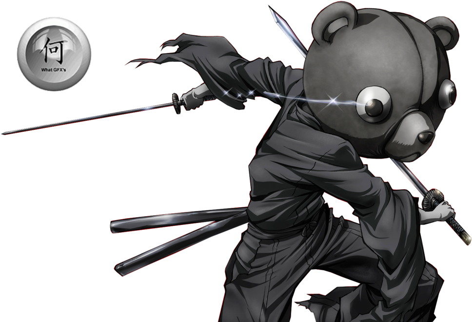 武士動畫 桌布 壁紙 — 一隻風格化的灰熊穿著深色長袍，在黑色背景上動態揮舞多把劍。