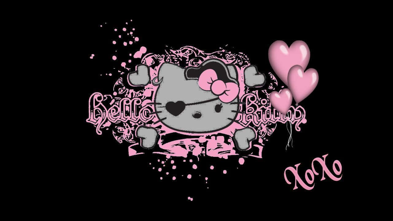 Emo Hello Kitty 桌布 壁紙 — 一隻風格化的灰色Hello Kitty，戴著粉紅色蝴蝶結和心形眼睛，坐在黑色背景上的粉紅色飛濺和氣球中。