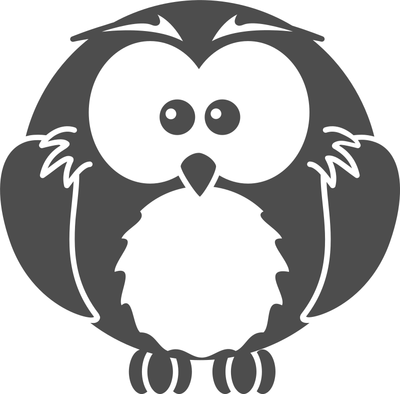 Owl Free 桌布 壁紙 — 一隻風格化的灰色卡通貓頭鷹，有著大大的黑色眼睛和簇狀胸部，站在黑色背景前。