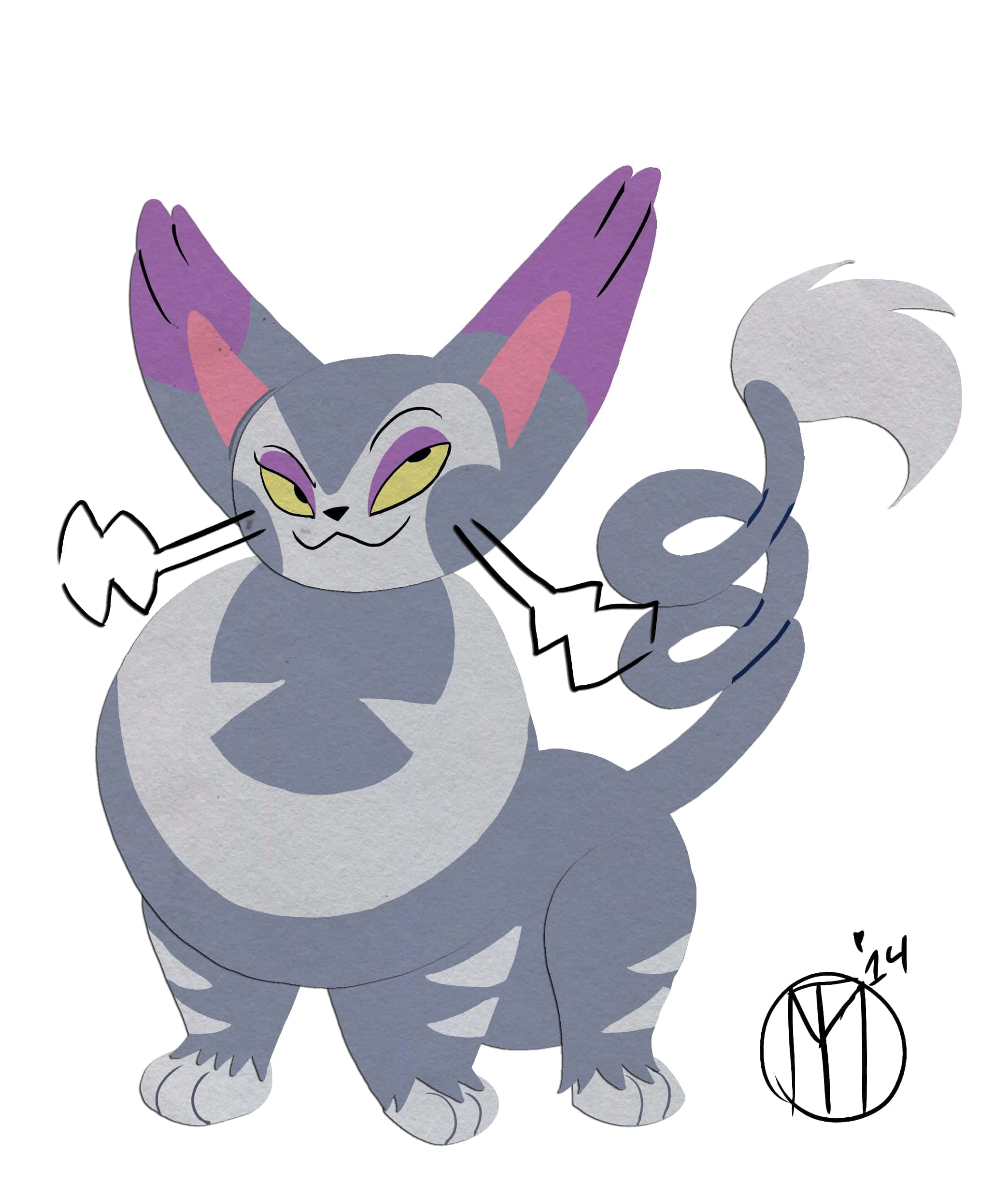 Pokemon 桌布 壁紙 — 一隻風格化的灰色貓咪，擁有紫色耳朵和黃色眼睛，威風凜凜地站立，爪子周圍閃爍著劈啪作響的電光。