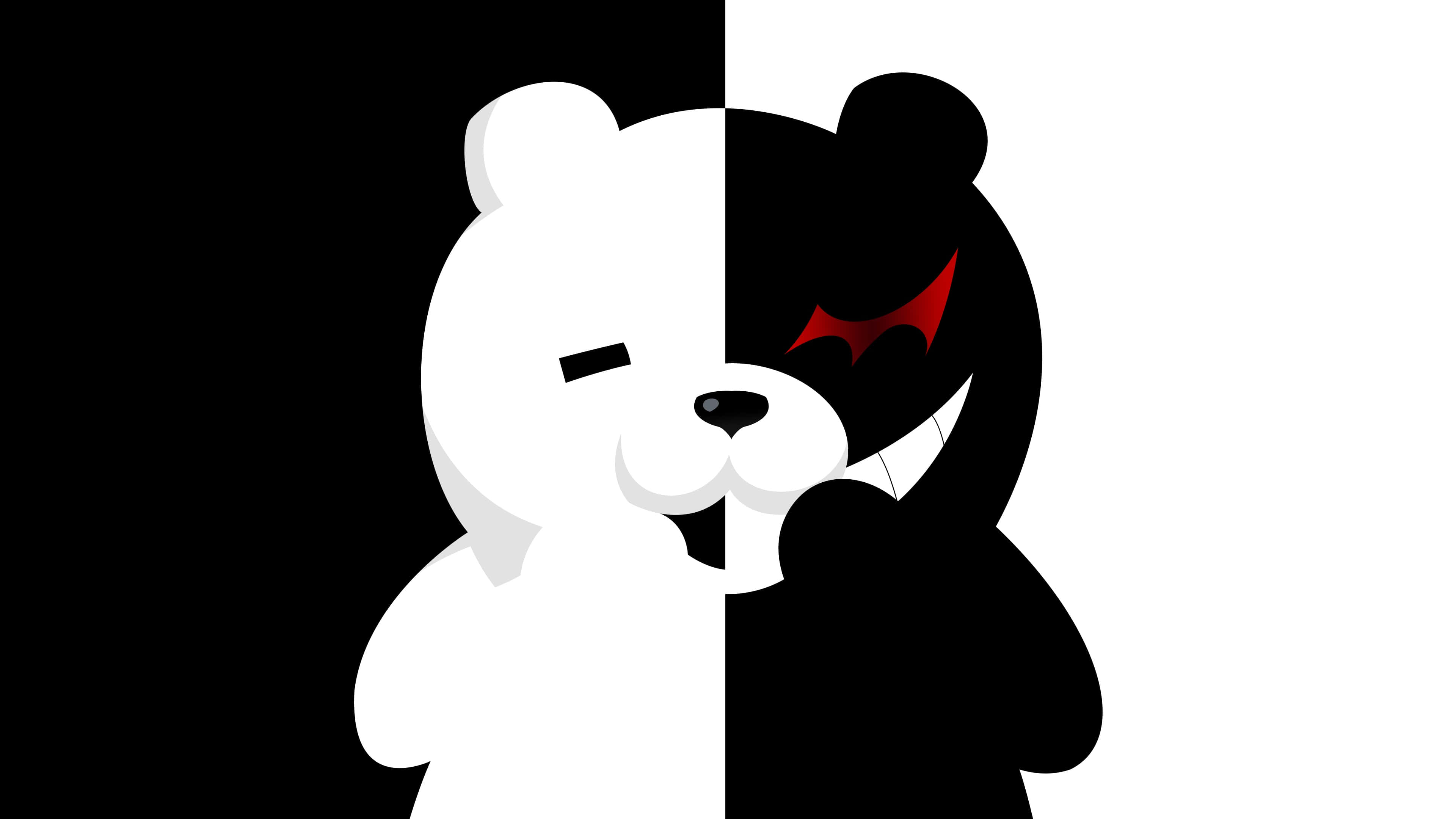 anime black and white 桌布 壁紙 — 一隻風格化的熊從中間分開，一半是白色無辜，另一半是黑色，帶有紅色惡魔角和咧嘴笑。