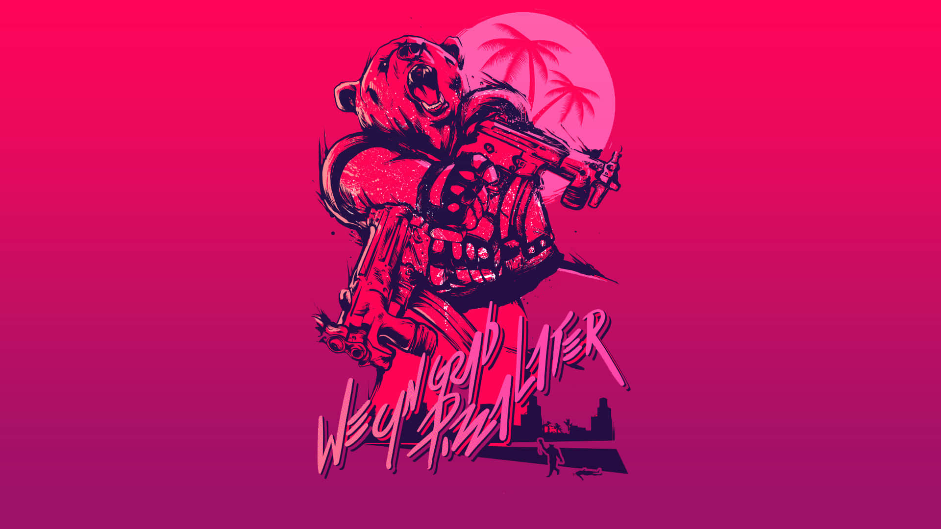 Hotline Miami 桌布 壁紙 — 一隻風格化的熊穿著戰鬥裝備，在充滿活力的粉紅色漸變背景上揮舞步槍，背景有棕櫚樹和塗鴉文字。